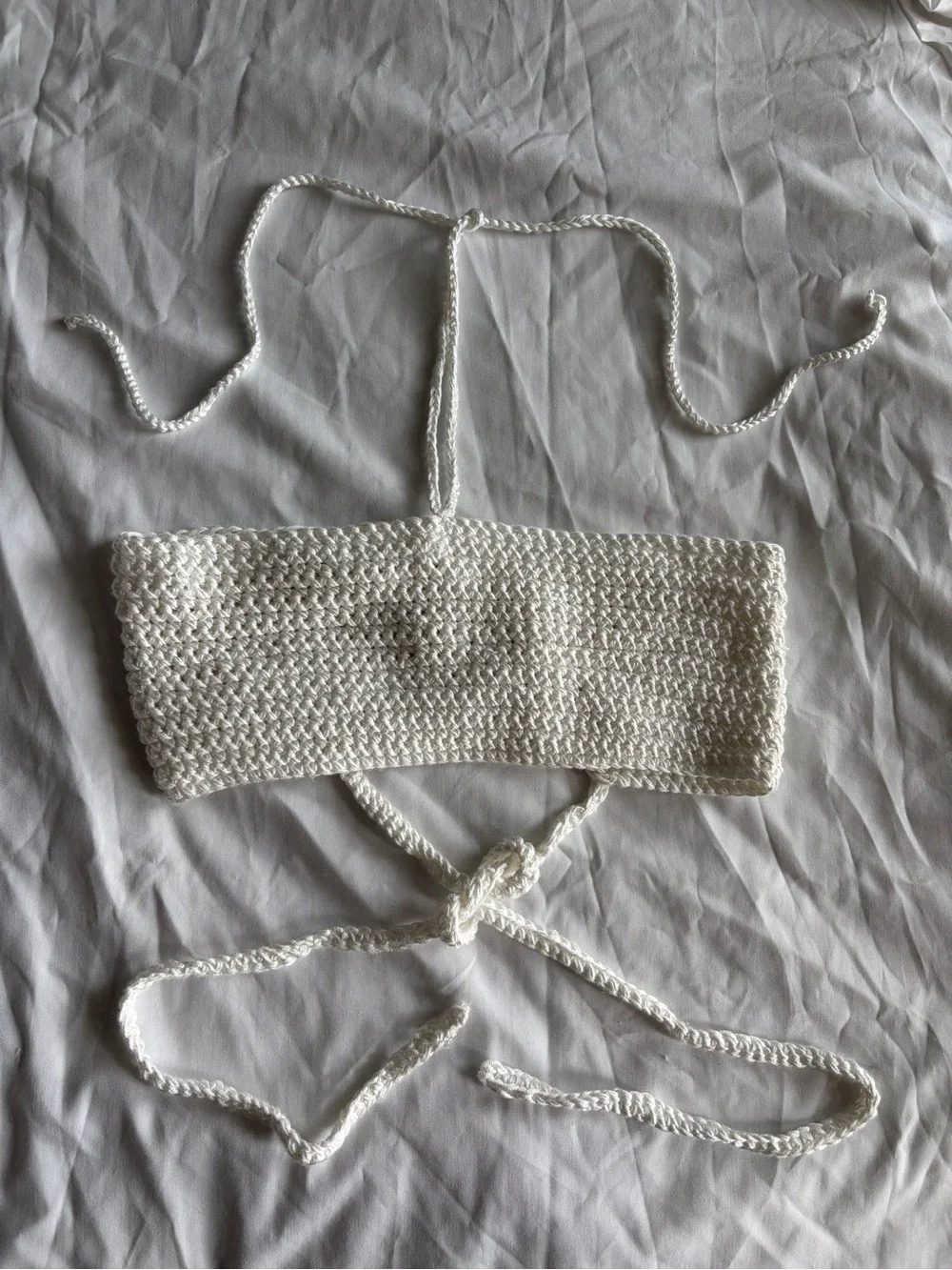 Handmade White Crochet Strapless Crop Top or Swim Top - Crossed Laced Back